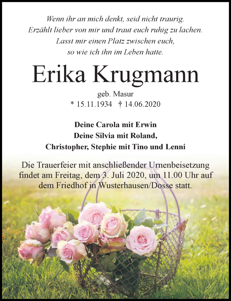  Traueranzeige für Erika Krugmann vom 20.06.2020 aus Märkischen Allgemeine Zeitung