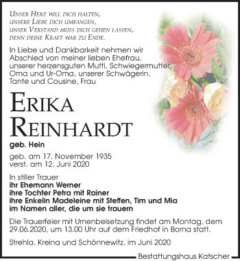 Traueranzeige von Erika Reinhardt von Leipziger Volkszeitung