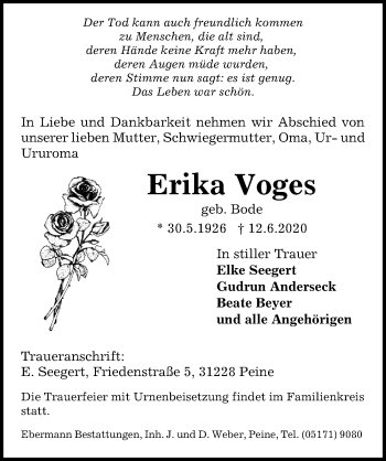 Traueranzeige von Erika Voges von Peiner Allgemeine Zeitung