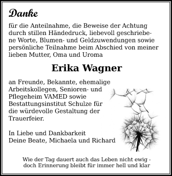 Traueranzeige von Erika Wagner von Leipziger Volkszeitung