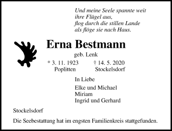 Traueranzeige von Erna Bestmann von Lübecker Nachrichten