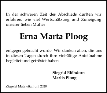 Traueranzeige von Erna Marta Ploog von Kieler Nachrichten