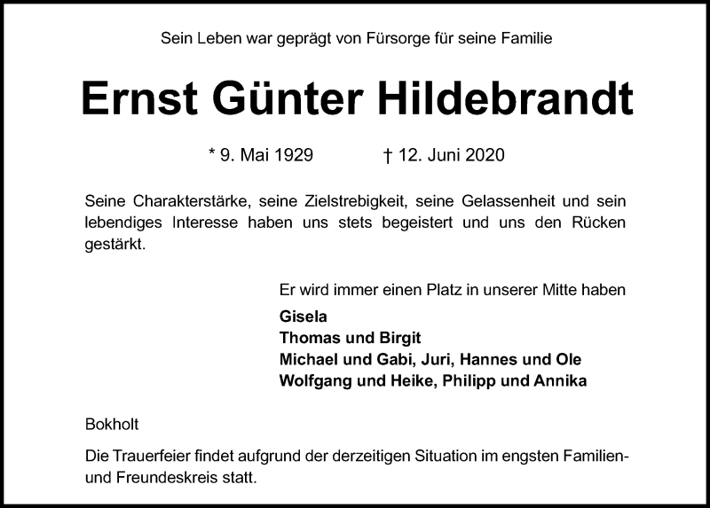  Traueranzeige für Ernst Günter Hildebrandt vom 20.06.2020 aus Kieler Nachrichten