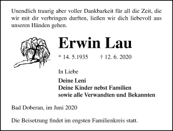 Traueranzeige von Erwin Lau von Ostsee-Zeitung GmbH