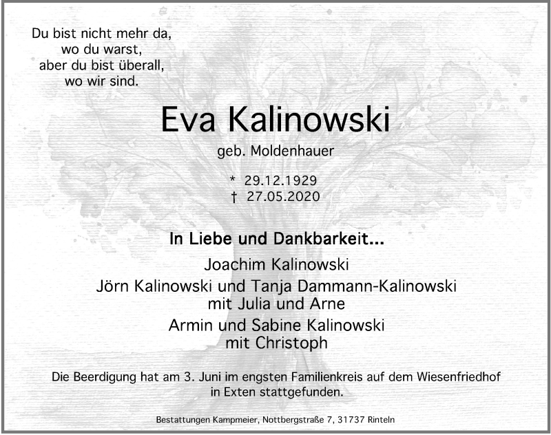  Traueranzeige für Eva Kalinowski vom 06.06.2020 aus Schaumburger Nachrichten
