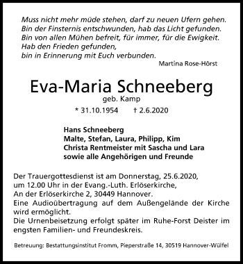 Traueranzeige von Eva-Maria Schneeberg von Hannoversche Allgemeine Zeitung/Neue Presse