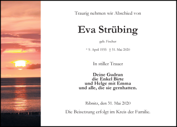 Traueranzeige von Eva Strübing von Ostsee-Zeitung GmbH