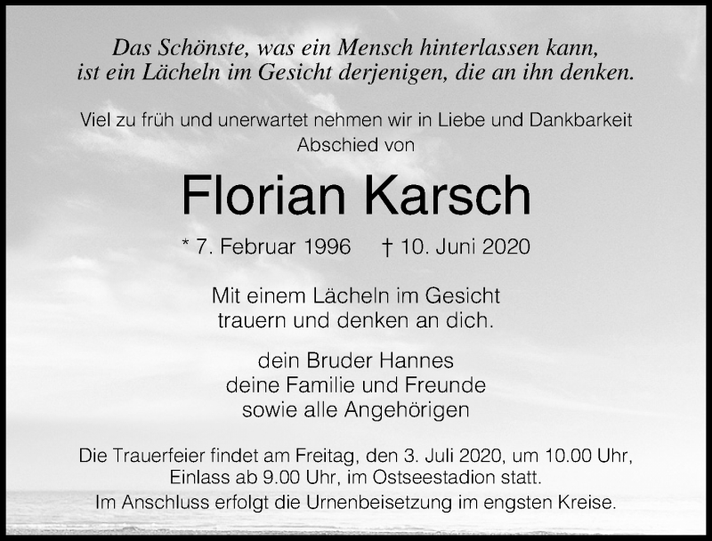  Traueranzeige für Florian Karsch vom 20.06.2020 aus Ostsee-Zeitung GmbH
