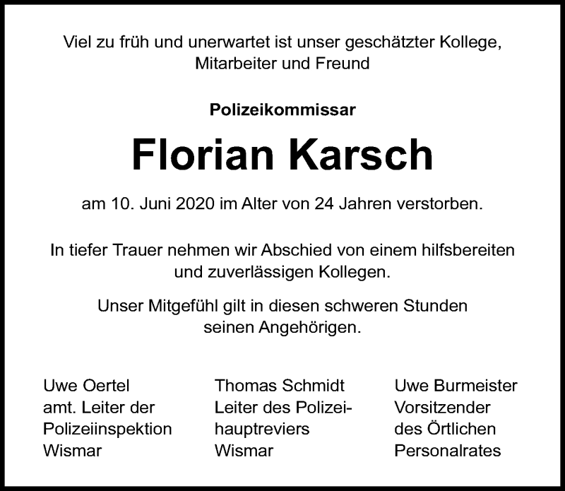  Traueranzeige für Florian Karsch vom 20.06.2020 aus Ostsee-Zeitung GmbH