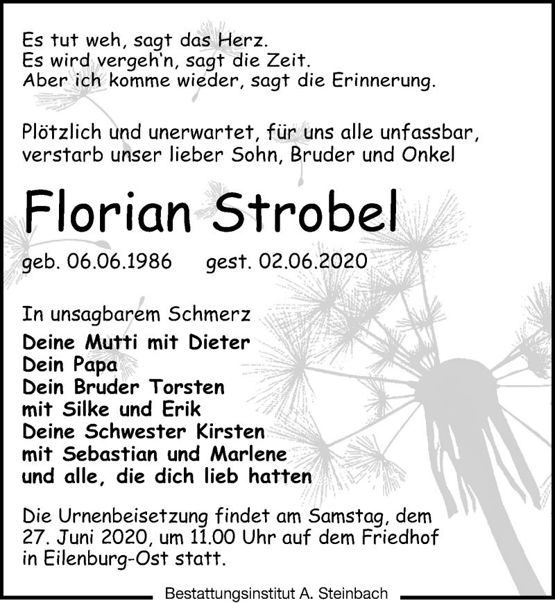  Traueranzeige für Florian Strobel vom 13.06.2020 aus Leipziger Volkszeitung