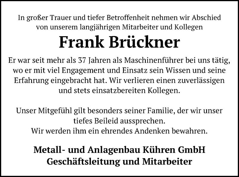  Traueranzeige für Frank Brückner vom 10.06.2020 aus Leipziger Volkszeitung