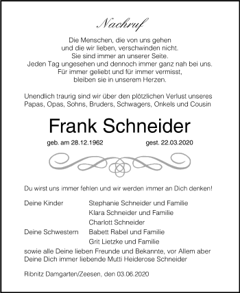 Traueranzeige von Frank Schneider von Ostsee-Zeitung GmbH