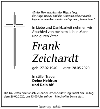 Traueranzeige von Frank Zeichardt von Leipziger Volkszeitung