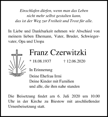 Traueranzeige von Franz Czerwitzki von Ostsee-Zeitung GmbH