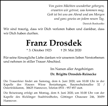 Traueranzeige von Franz Drosdek von Hannoversche Allgemeine Zeitung/Neue Presse