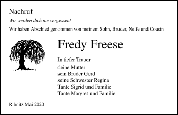 Traueranzeige von Fredy Freese von Ostsee-Zeitung GmbH