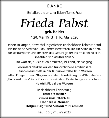 Traueranzeige von Frieda Pabst von Leipziger Volkszeitung