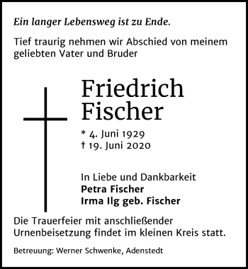 Traueranzeige von Friedrich Fischer von Peiner Allgemeine Zeitung