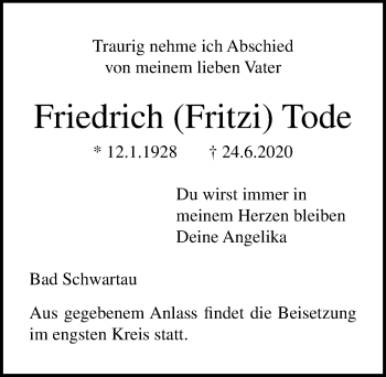 Traueranzeige von Friedrich Tode von Lübecker Nachrichten