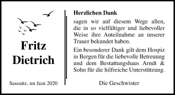 Traueranzeige von Fritz Dietrich von Ostsee-Zeitung GmbH