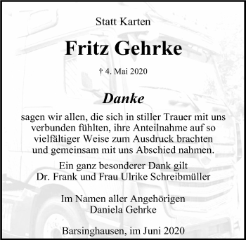 Traueranzeige von Fritz Gehrke von Hannoversche Allgemeine Zeitung/Neue Presse