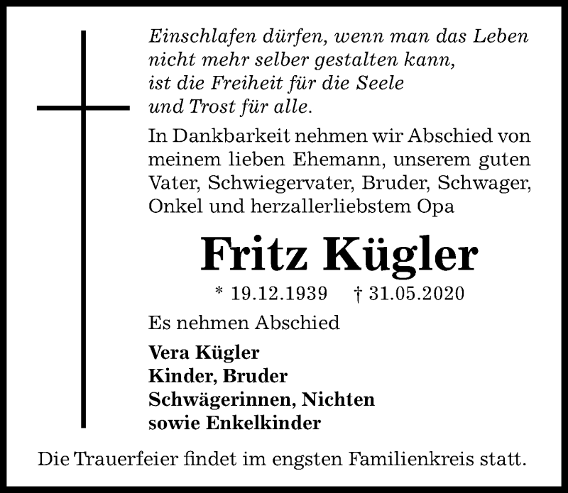  Traueranzeige für Fritz Kügler vom 06.06.2020 aus Hannoversche Allgemeine Zeitung/Neue Presse