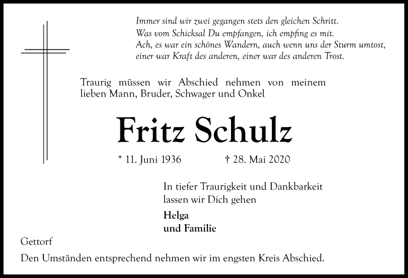  Traueranzeige für Fritz Schulz vom 03.06.2020 aus Kieler Nachrichten