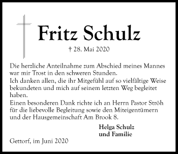 Traueranzeige von Fritz Schulz von Kieler Nachrichten