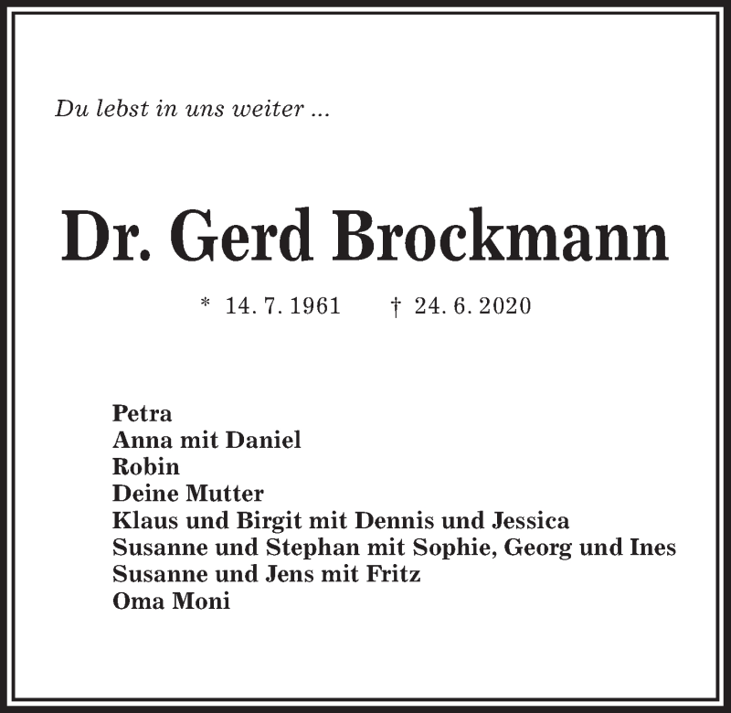  Traueranzeige für Gerd Brockmann vom 27.06.2020 aus Kieler Nachrichten