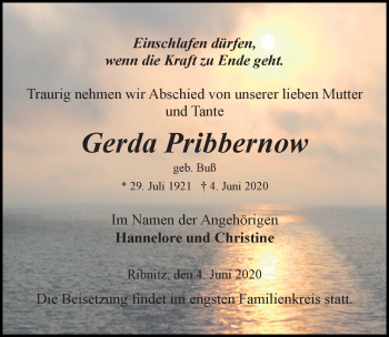 Traueranzeige von Gerda Pribbernow von Ostsee-Zeitung GmbH