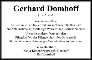 Traueranzeige von Gerhard Domhoff von Hannoversche Allgemeine Zeitung/Neue Presse
