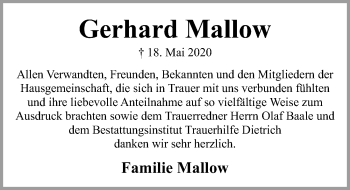 Traueranzeige von Gerhard Mallow von Ostsee-Zeitung GmbH