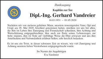 Traueranzeige von Gerhard Vandreier von Ostsee-Zeitung GmbH