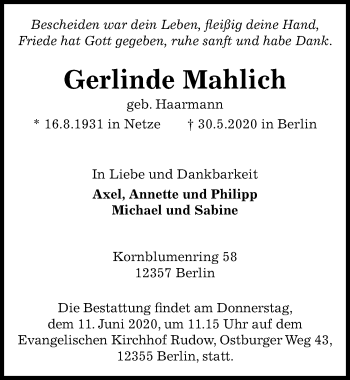 Traueranzeige von Gerlinde Mahlich von Peiner Allgemeine Zeitung