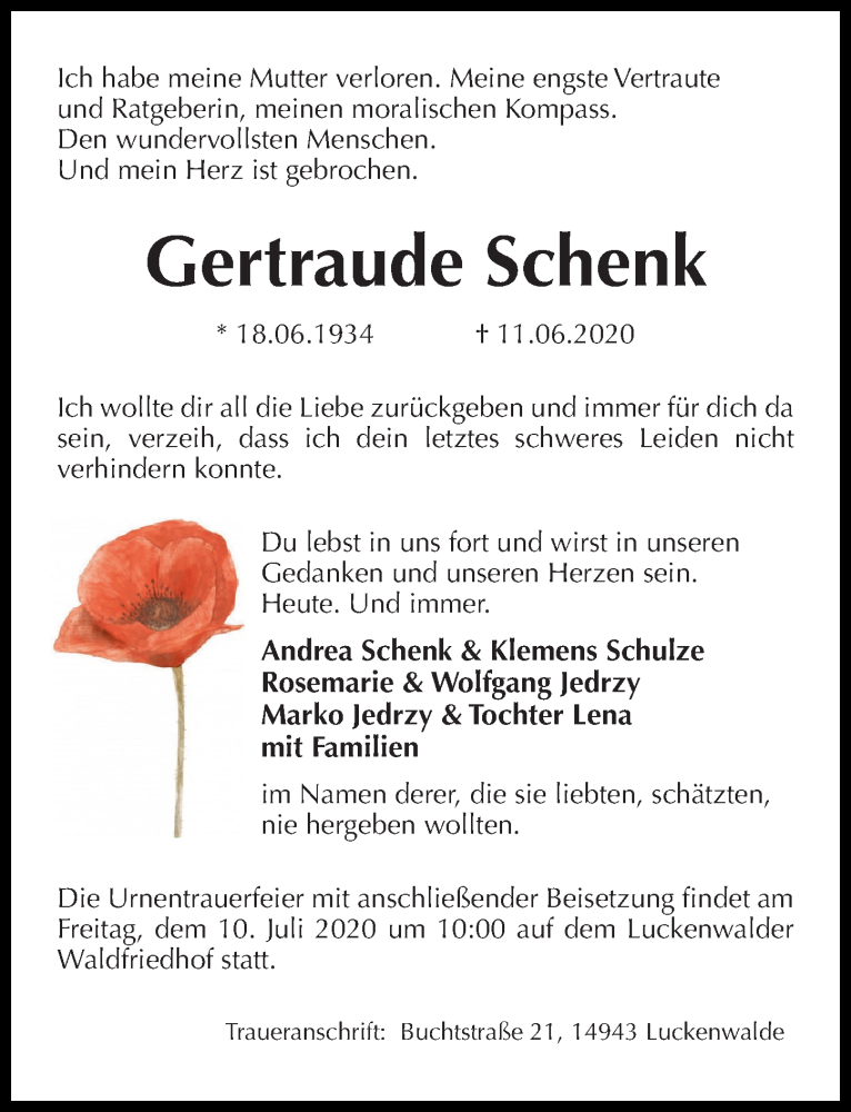  Traueranzeige für Gertraude Schenk vom 20.06.2020 aus Märkischen Allgemeine Zeitung
