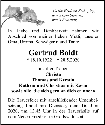 Traueranzeige von Gertrud Boldt von Ostsee-Zeitung GmbH