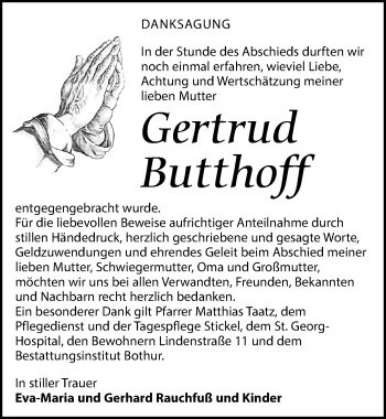 Traueranzeige von Gertrud Butthoff von Leipziger Volkszeitung