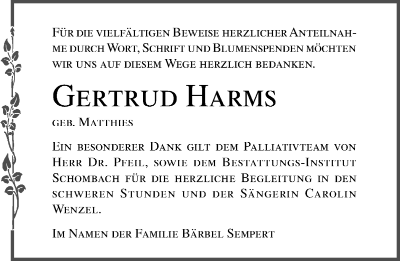  Traueranzeige für Gertrud Harms vom 27.06.2020 aus Ostsee-Zeitung GmbH