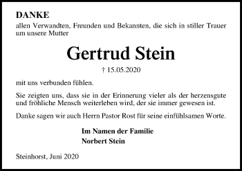 Traueranzeige von Gertrud Stein von Lübecker Nachrichten