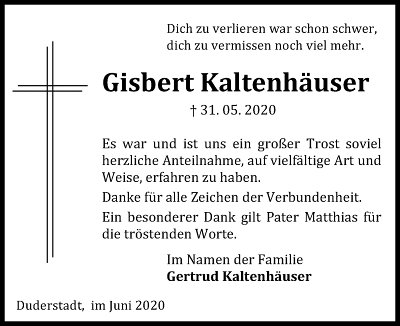 Traueranzeige für Gisbert Kaltenhäuser vom 20.06.2020 aus Eichsfelder Tageblatt