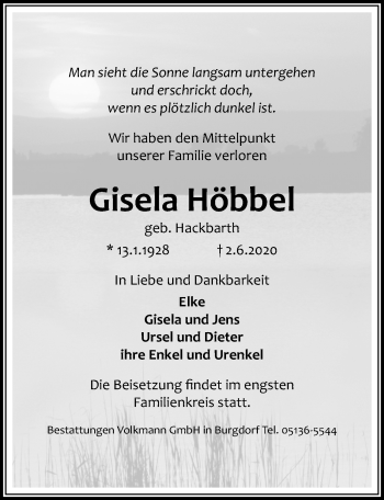 Traueranzeige von Gisela Höbbel von Hannoversche Allgemeine Zeitung/Neue Presse