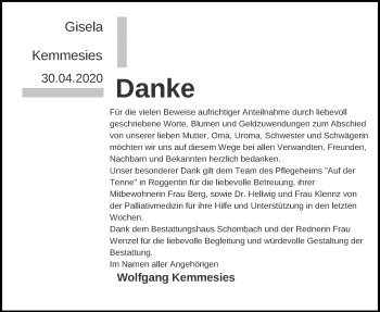 Traueranzeige von Gisela Kemmesies von Ostsee-Zeitung GmbH