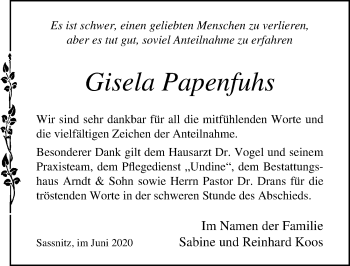 Traueranzeige von Gisela Papenfuhs von Ostsee-Zeitung GmbH