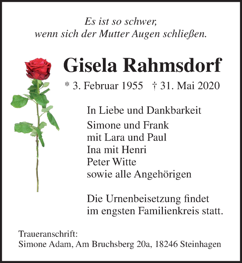  Traueranzeige für Gisela Rahmsdorf vom 05.06.2020 aus Lübecker Nachrichten