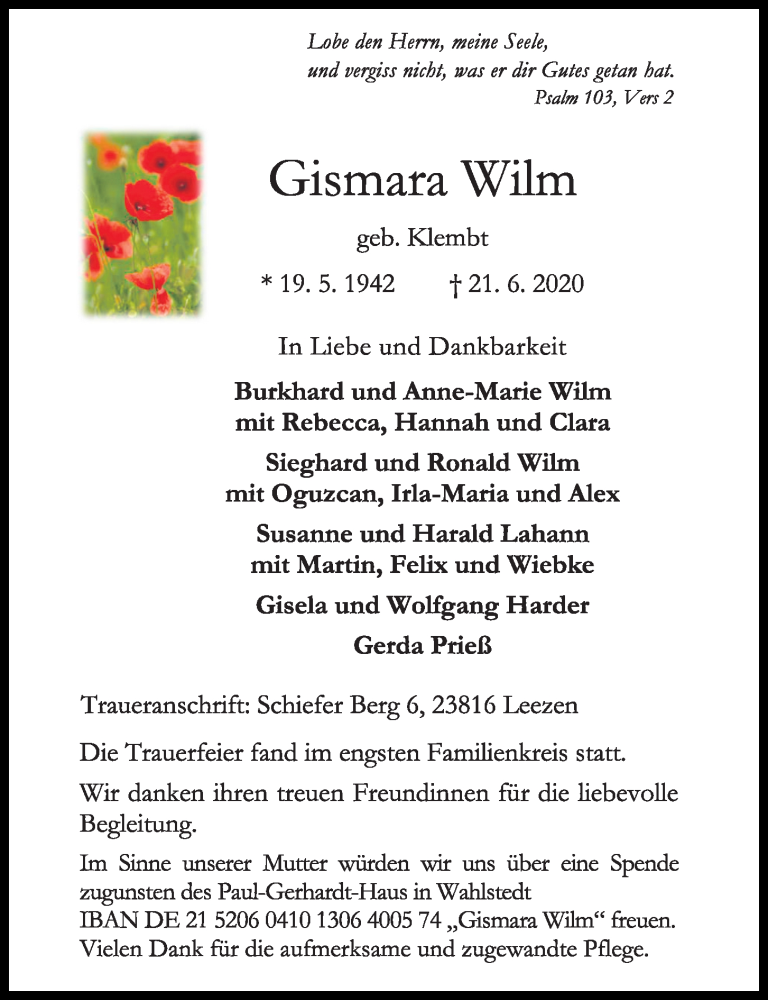  Traueranzeige für Gismara Wilm vom 27.06.2020 aus Kieler Nachrichten
