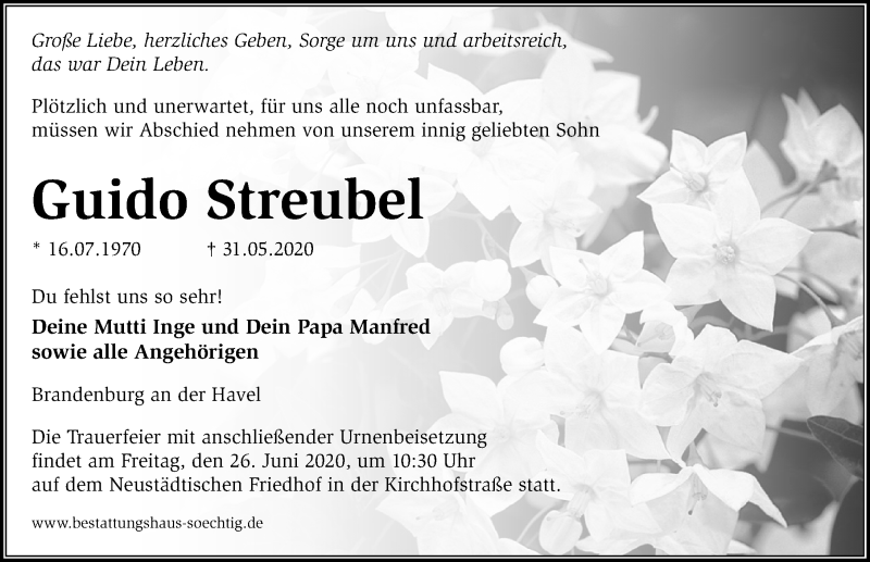  Traueranzeige für Guido Streubel vom 13.06.2020 aus Märkischen Allgemeine Zeitung