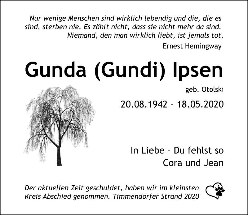  Traueranzeige für Gunda  Ipsen vom 07.06.2020 aus Lübecker Nachrichten