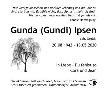 Traueranzeige von Gunda  Ipsen von Lübecker Nachrichten