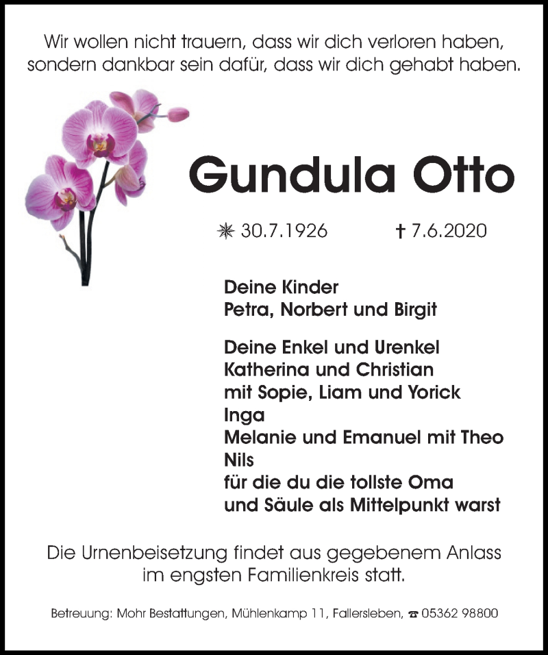  Traueranzeige für Gundula Otto vom 13.06.2020 aus Aller Zeitung