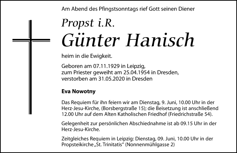 Traueranzeige für Günter Hanisch vom 05.06.2020 aus Leipziger Volkszeitung